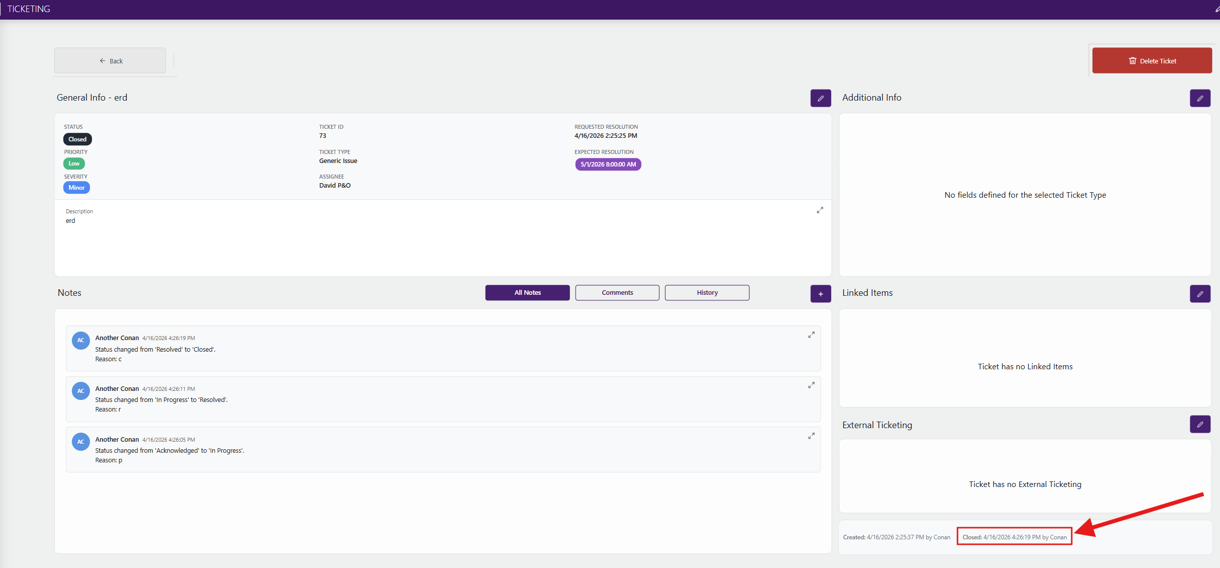 Ticket info page, with the "Closed" time indicated in the lower-right corner