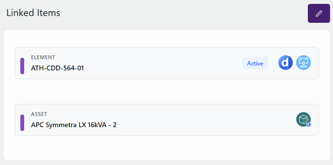 Linked Items section in the Ticketing app showing the new icons linking to the Monitoring app, Cube, and Asset Manager