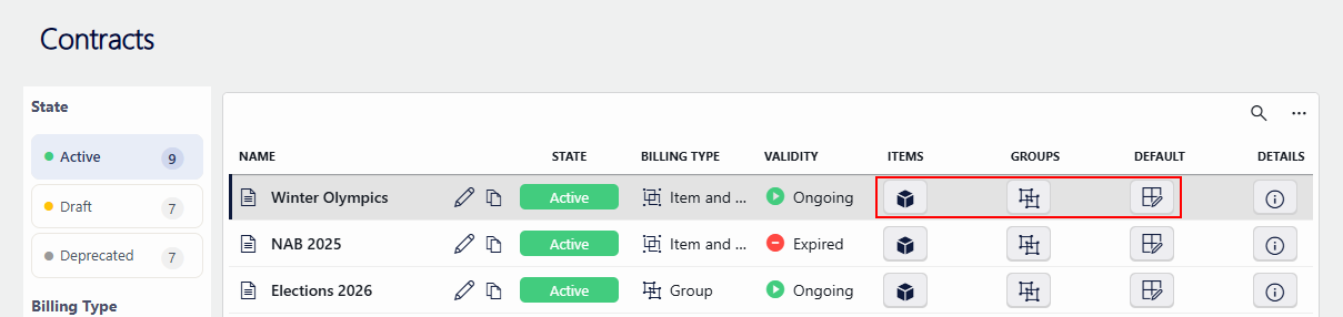 Buttons to assign billing rate cards on the Contracts page