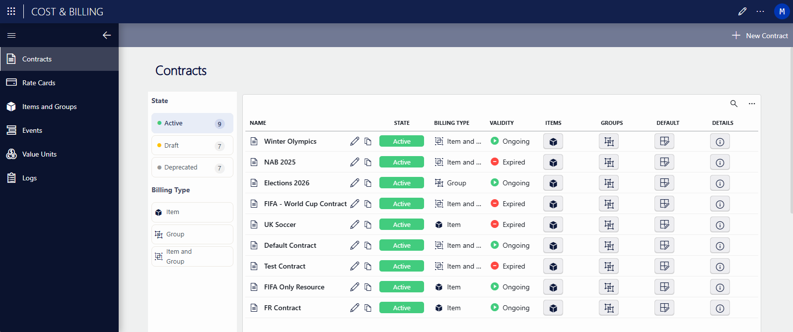 Cost & Billing app with the side panel expanded so all page names are visible