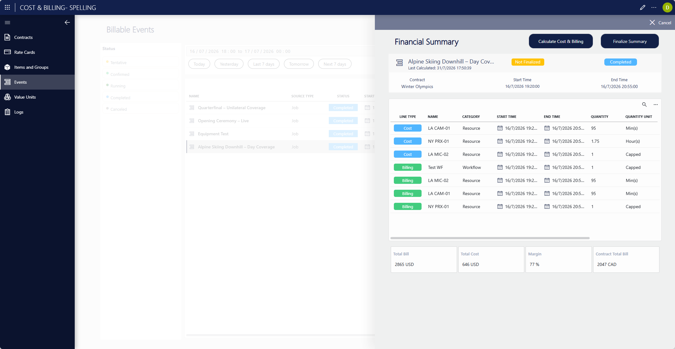 Cost & Billing calculation