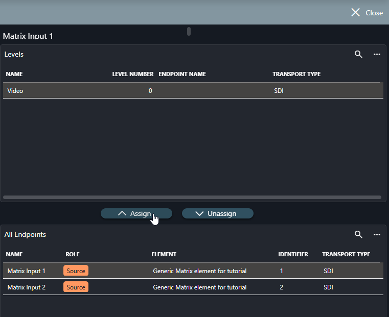 Video level and Matrix Input 1 selected in side panel to assign endpoint