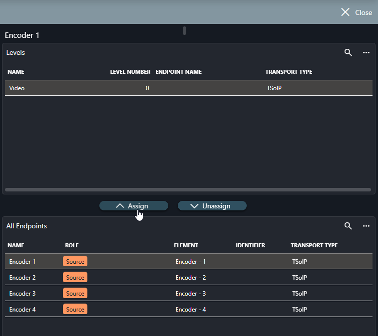 Video level and Matrix Input 1 selected in side panel to assign endpoint