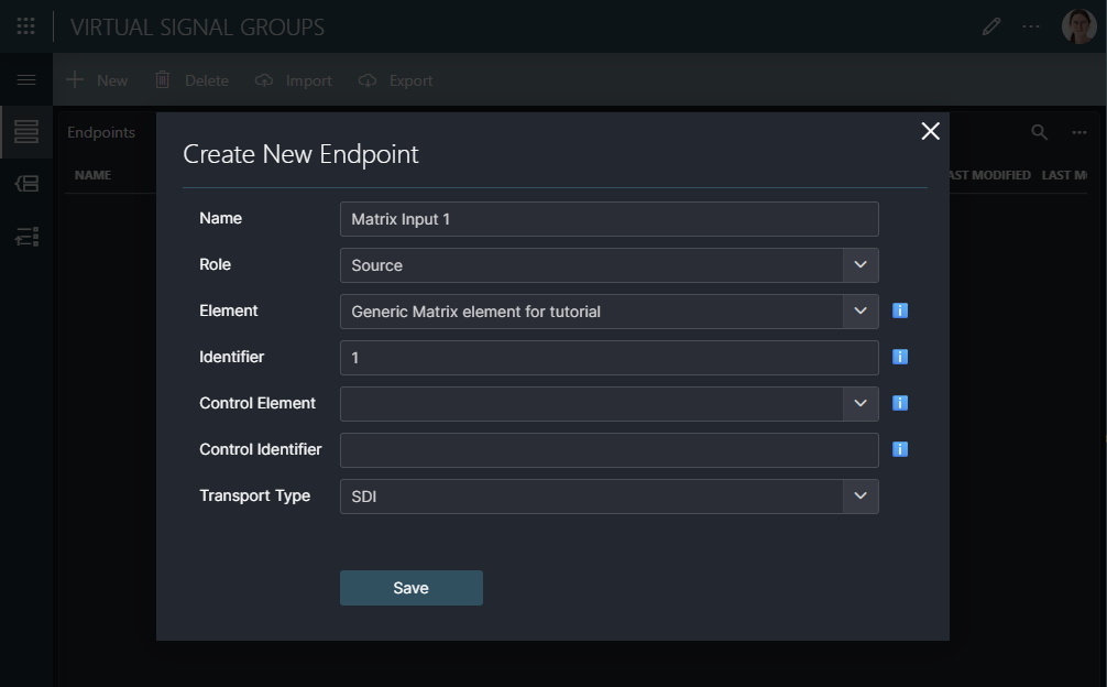 Pop-up window to create new endpoint, with the necessary details filled in