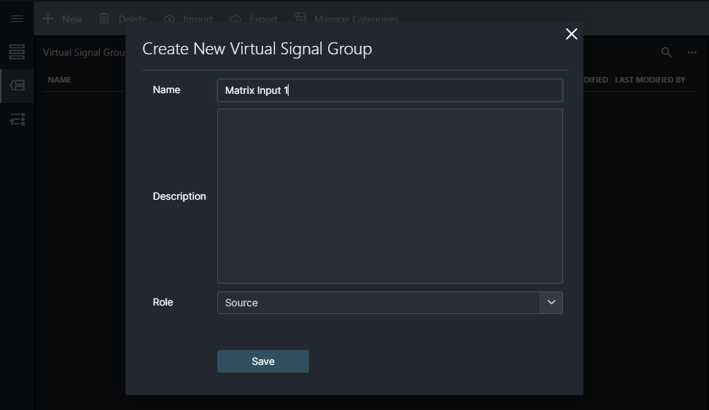 Pop-up window to create new VSG, with the necessary details filled in