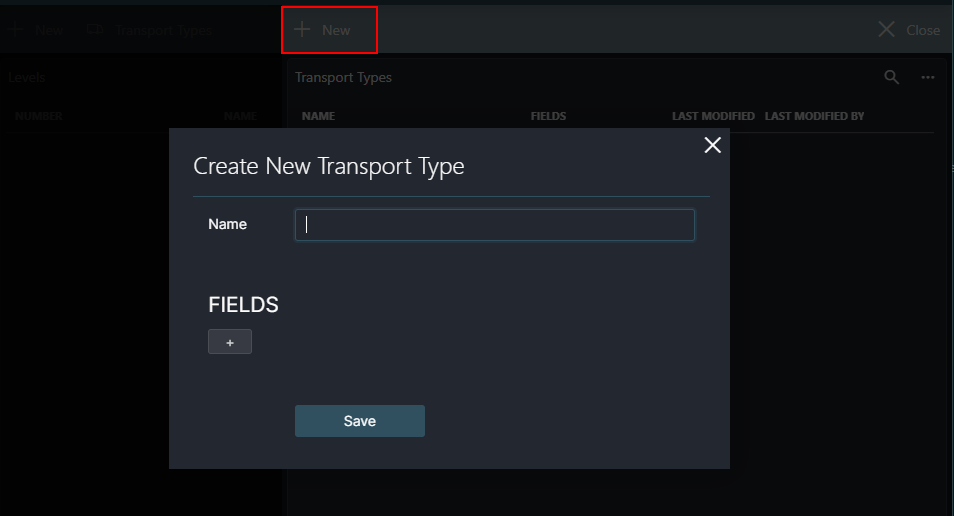 Pop-up window to create new transport type
