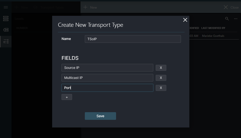 Pop-up window to create new transport type, with the correct information specified