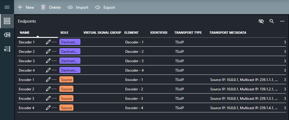 The configured source and destination endpoints in the Virtual Signal Groups app