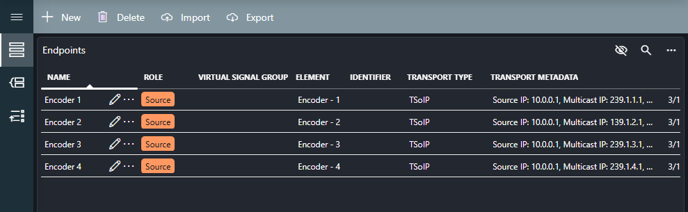 The configured source endpoints in the Virtual Signal Groups app
