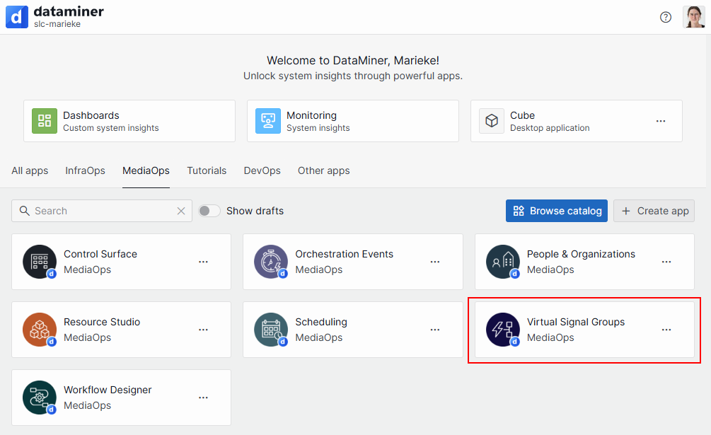 The Virtual Signal Groups app on the DataMiner landing page