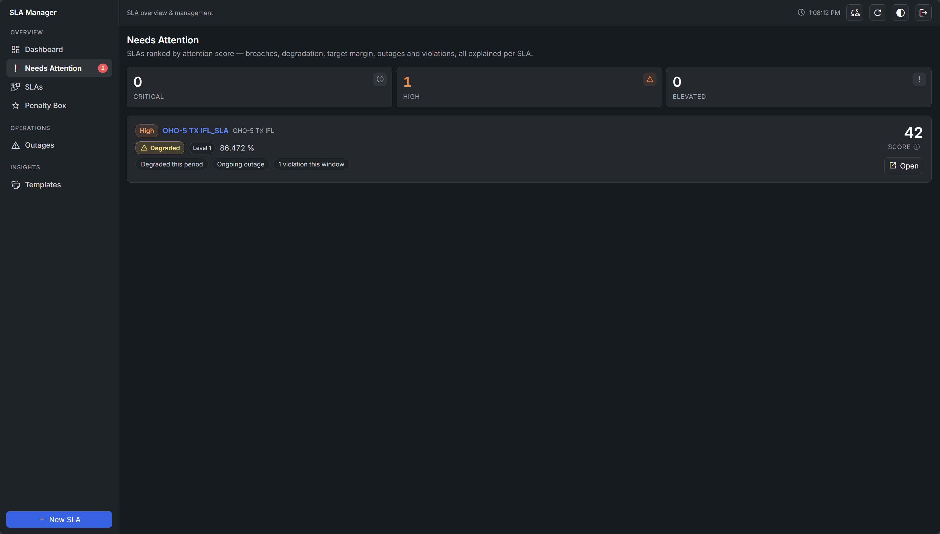 SLA Manager Needs Attention page