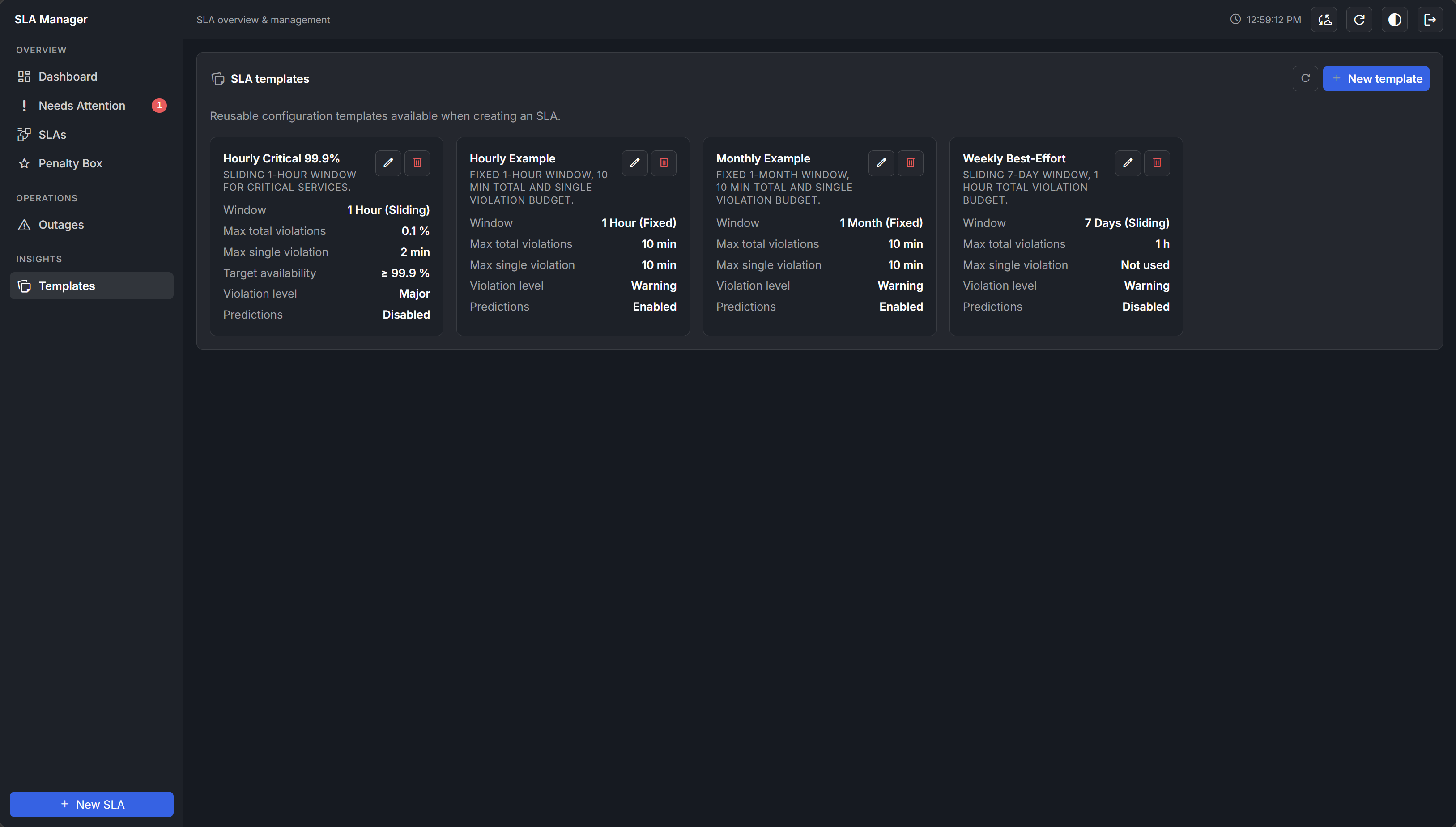 SLA Manager Templates page