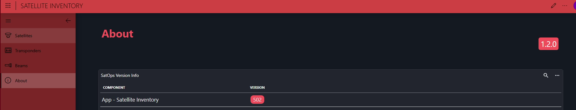 The About page showing the app version and the SatOps package version