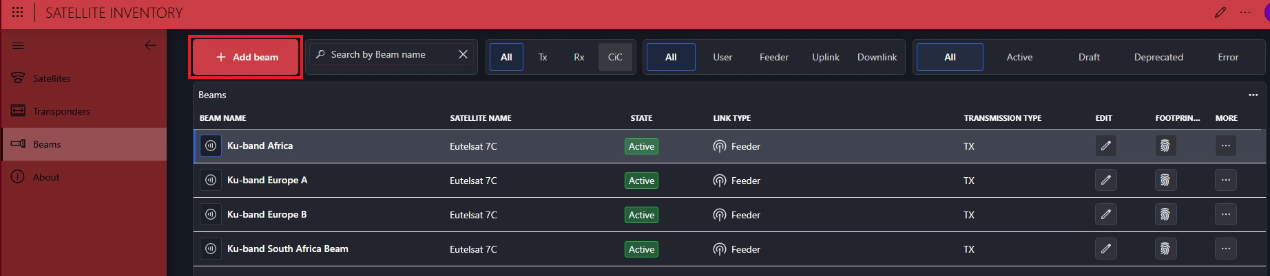 The Add beam button in the upper-left corner of the Beams page