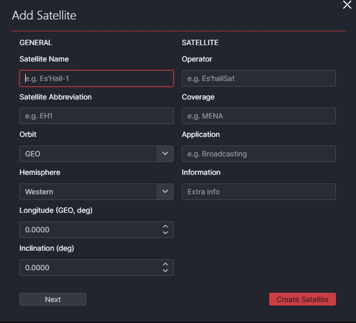 The Add satellite dialog with the satellite fields