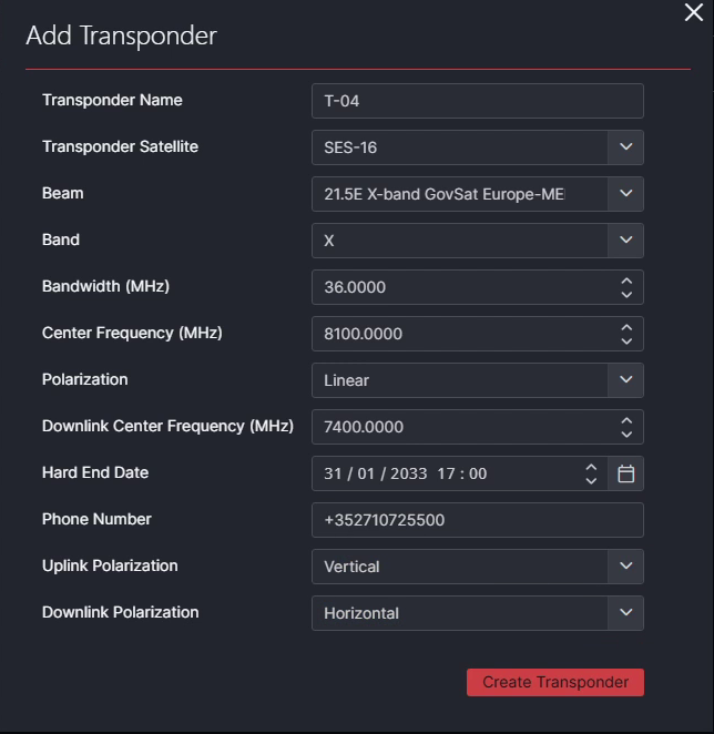The Add transponder dialog with the transponder fields