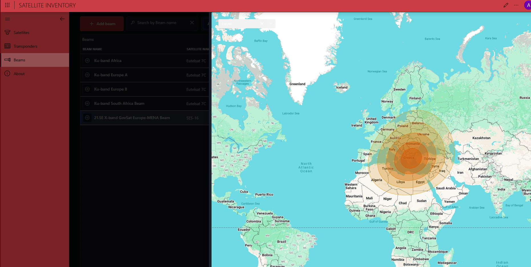 The Satellite Inventory app with a beam footprint shown on a geographical map in a side panel, covering Europe and the Mediterranean