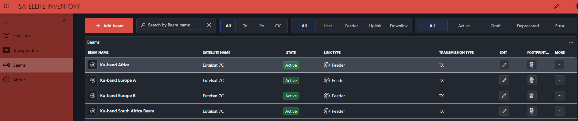 The Beams page showing the filter bar with transmission type, link type, and status filters