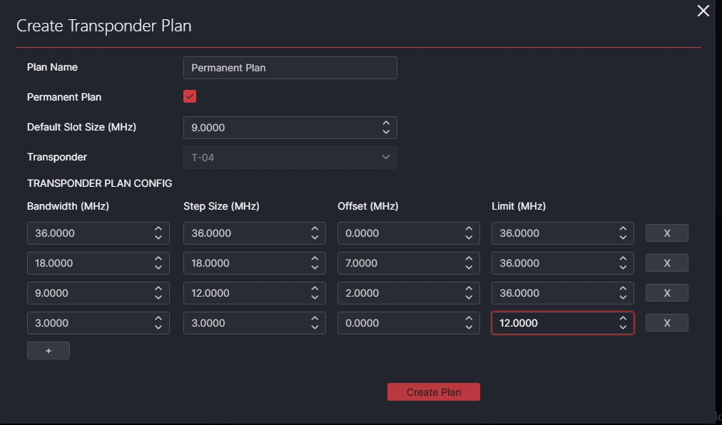 The Create plan dialog with several bandwidth rows