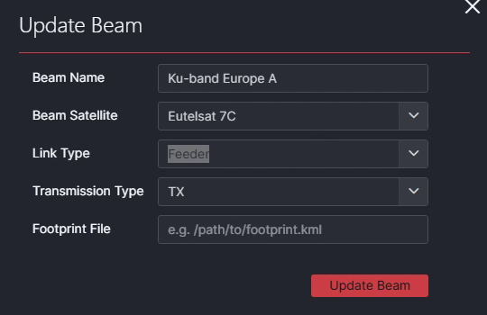The Update Beam dialog with the beam name, satellite, link type, transmission type, and footprint file fields