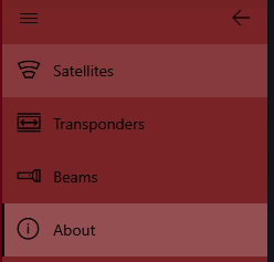 The sidebar of the Satellite Inventory app showing the Satellites, Transponders, Beams, and About pages