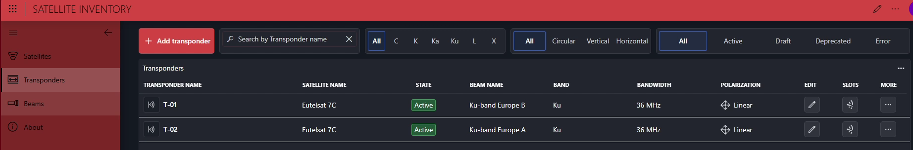 The Transponders page listing the configured transponders