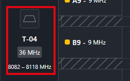 The transponder block in the left column of the Satellite Scheduling timeline, showing the transponder name, its bandwidth, and its frequency range