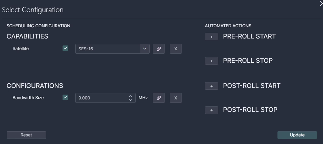 The Select Configuration dialog where you select the satellite and bandwidth size capabilities