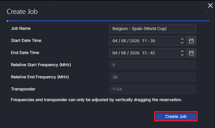 The Create Job dialog with job name, start and end time, and frequency fields