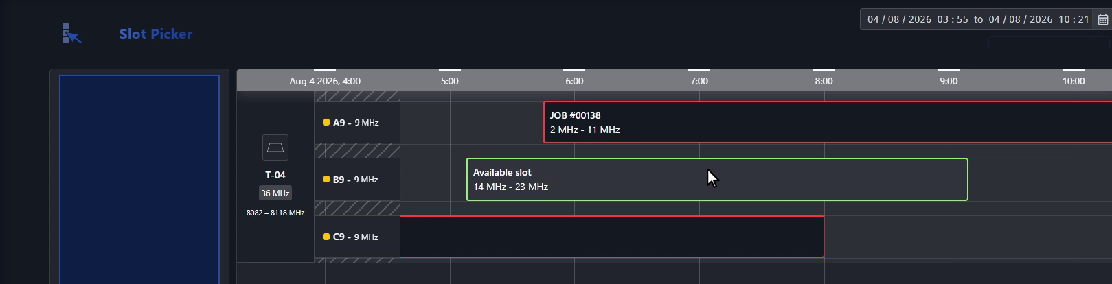 The Slot Picker page showing available transponder slots for the selected capabilities