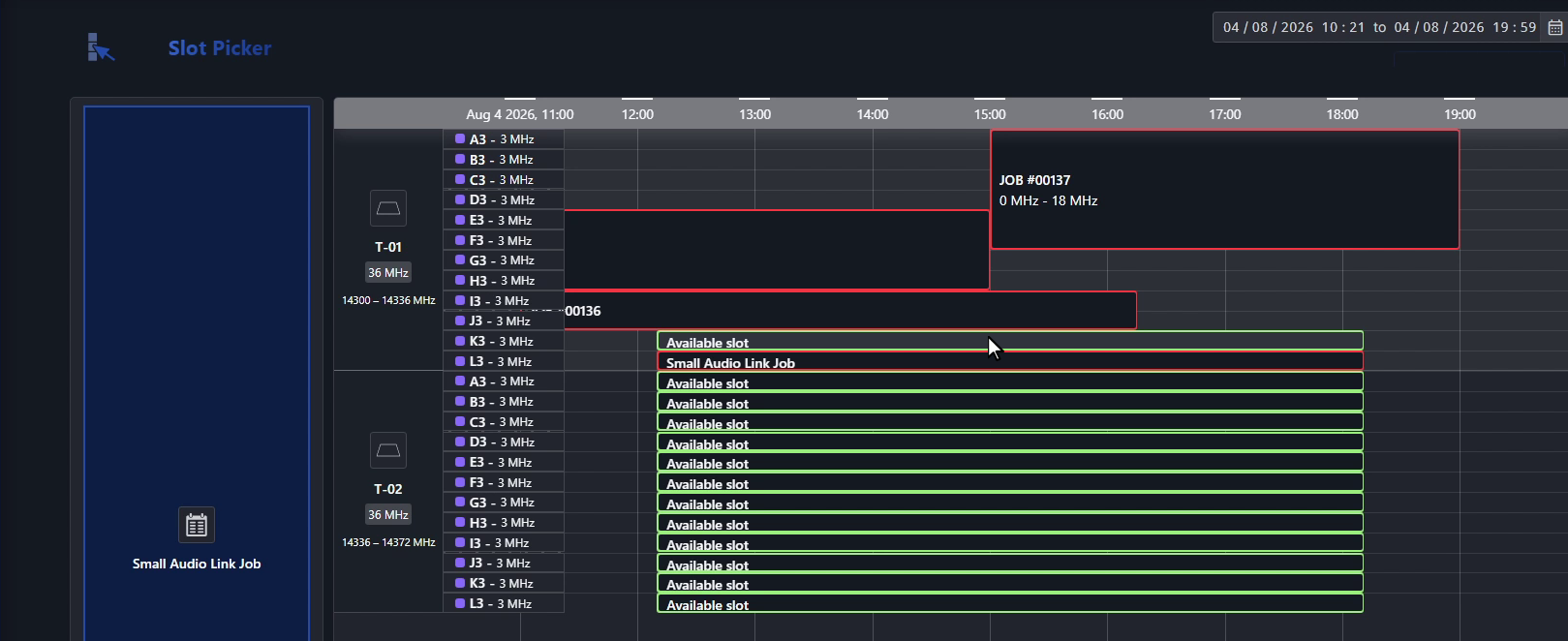 The Slot Picker in Satellite Scheduling showing a booked slot and the available slots it can be swapped to