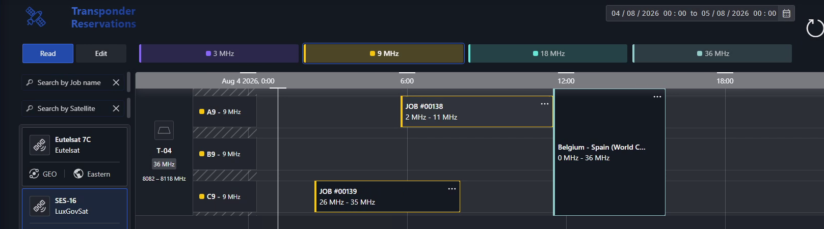 The Satellite Scheduling transponder timeline in read mode, showing transponder slots and existing bookings