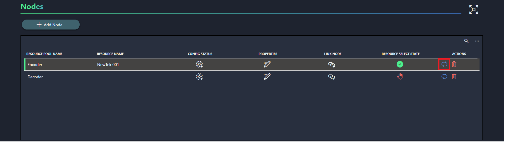 Swap action icon in the Nodes table