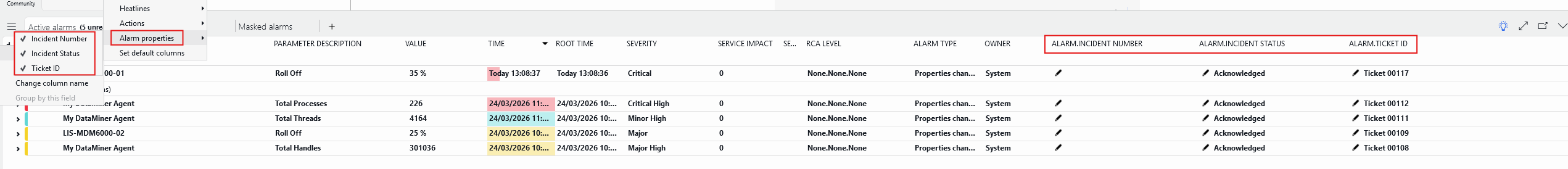 Ticketing Alarm Properties