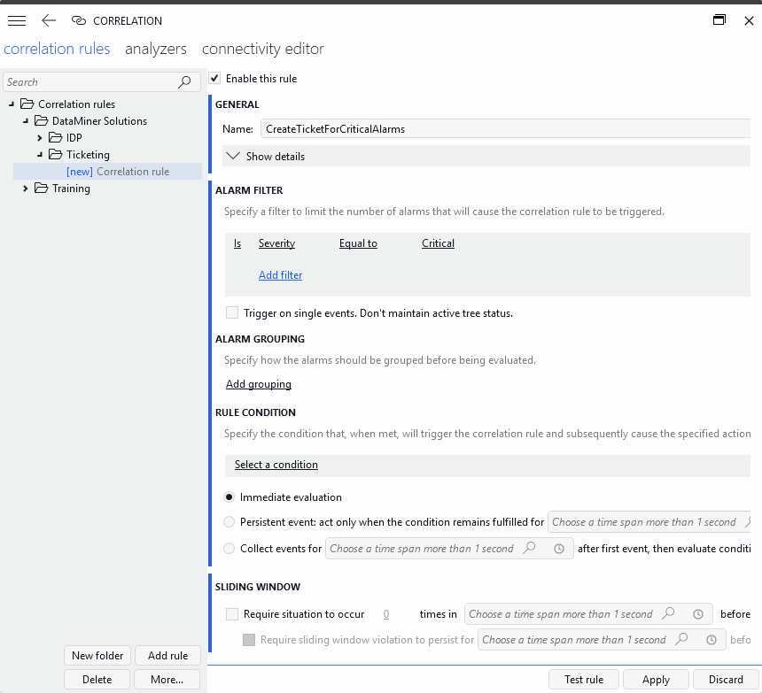 Example Correlation rule configuration with alarm filter to trigger on critical alarms