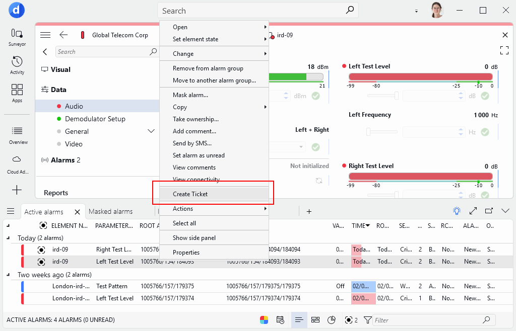 Create Ticket option in the right-click menu of the Cube Alarm Console