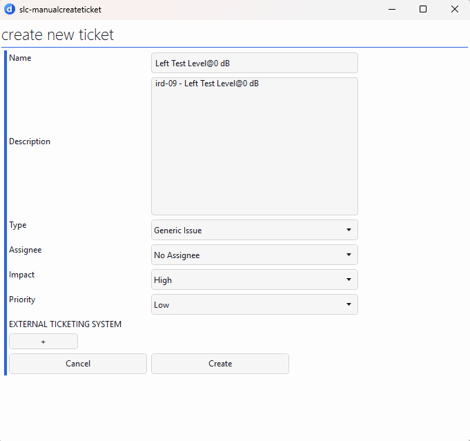 Ticket creation pop-up window