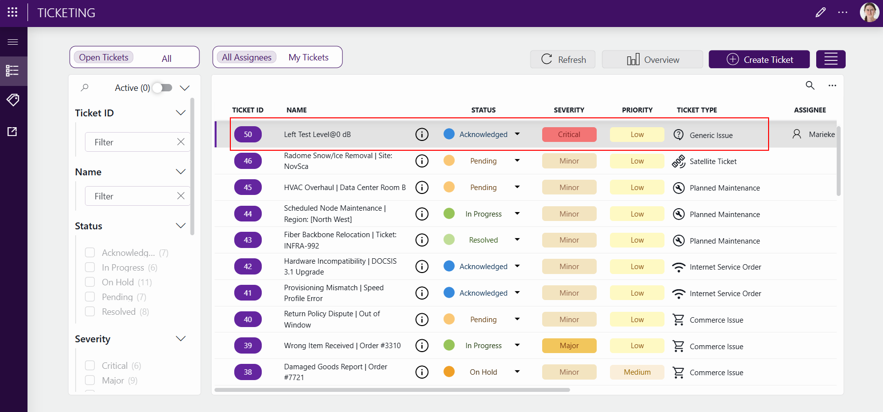 Ticketing app with new ticket based on the right-clicked alarm