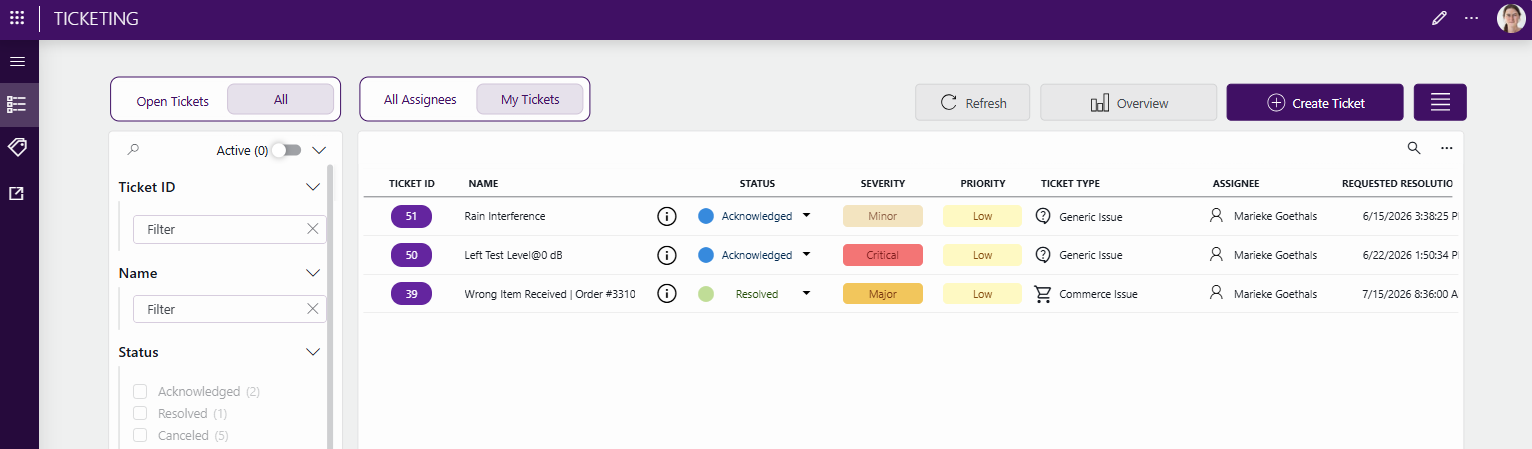 Tickets page with 'My Tickets' filter activated