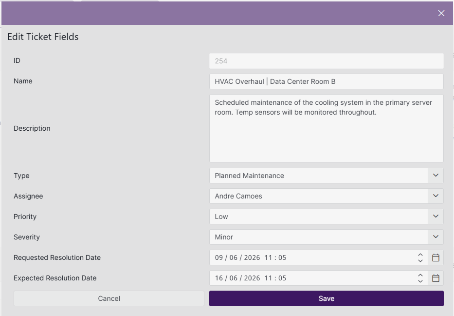 Panel shown when general ticket information is edited