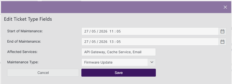 Panel shown when additional ticket information is edited