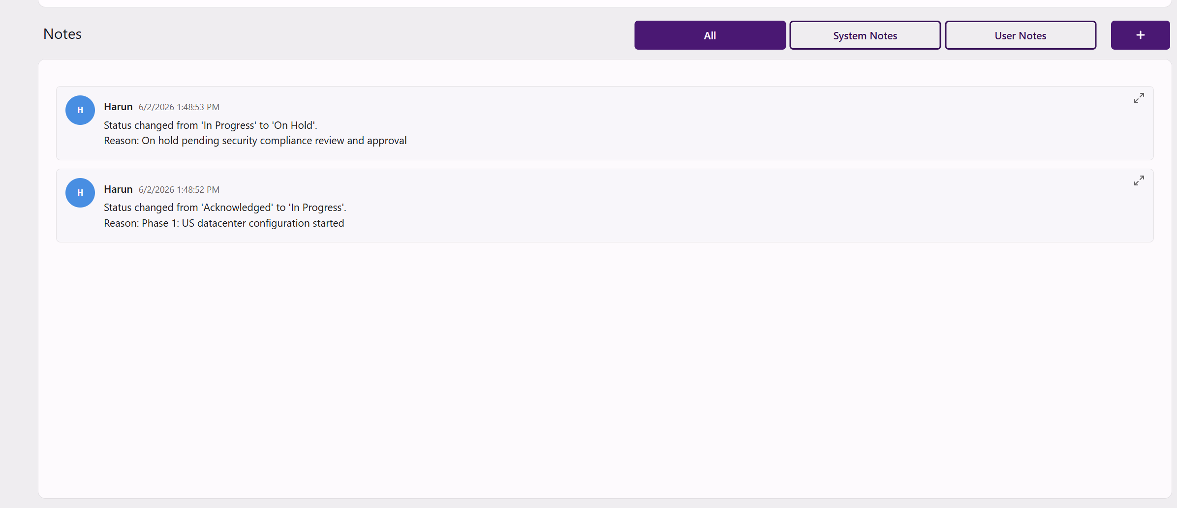 Notes section of the Ticket Information subpage