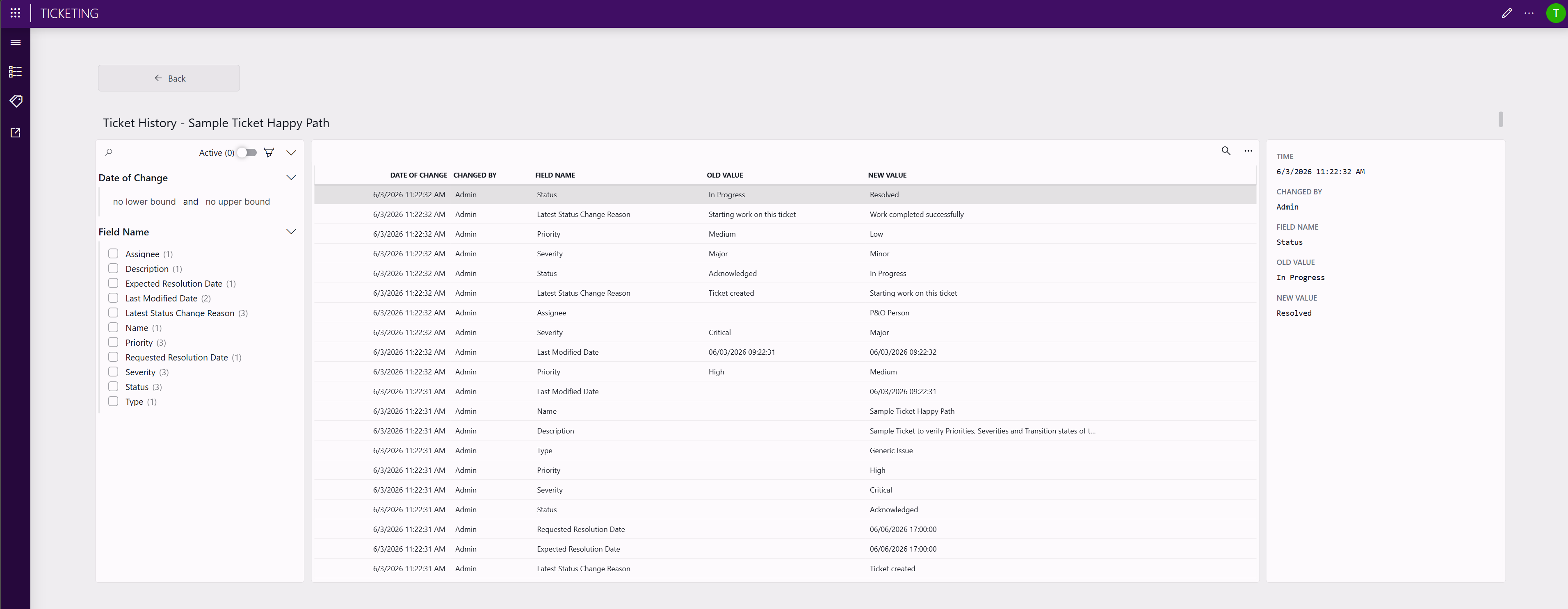 Ticket history shown after clicking the History button