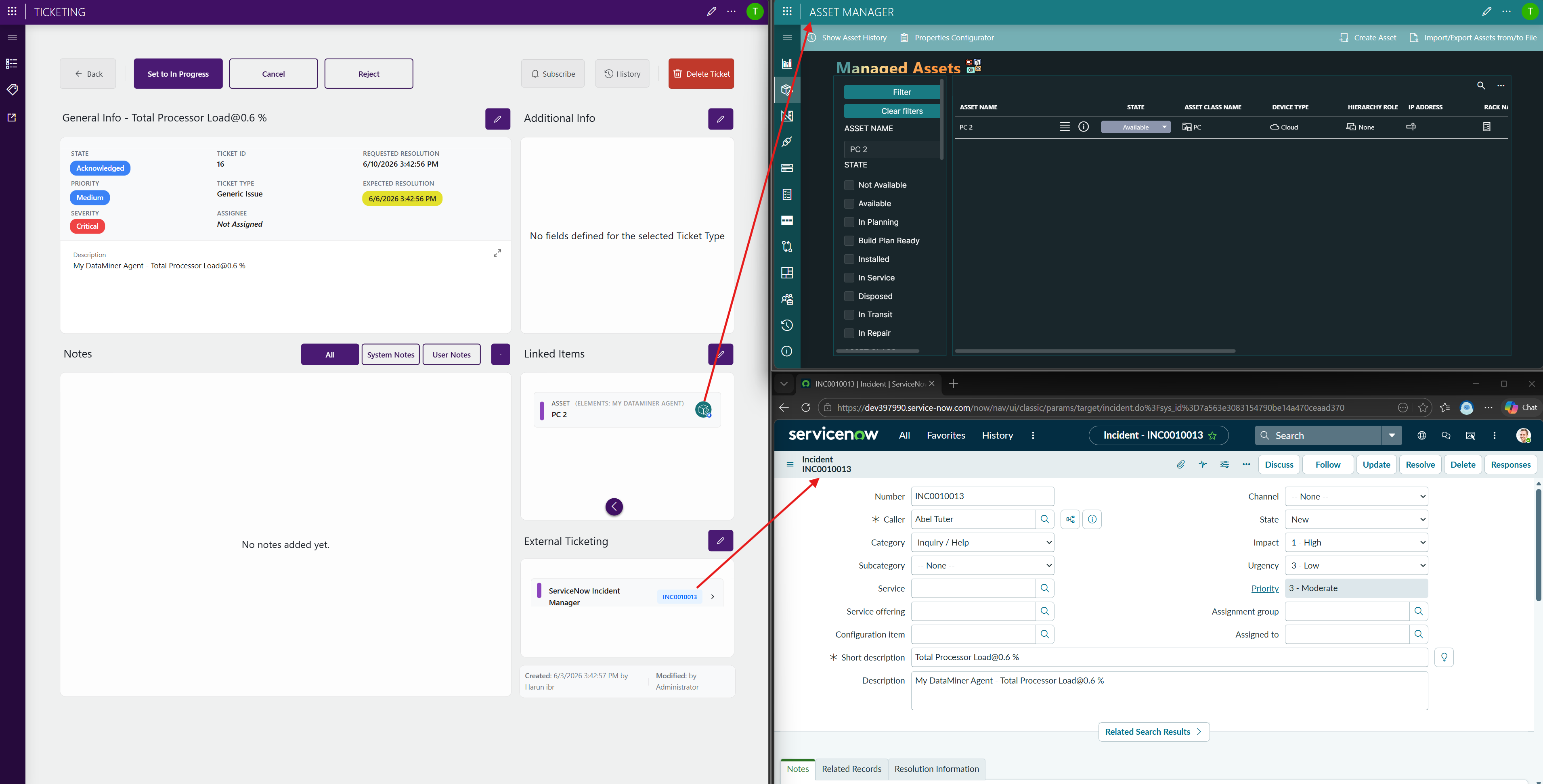 Linked asset and external ticket and the resulting windows when these are clicked