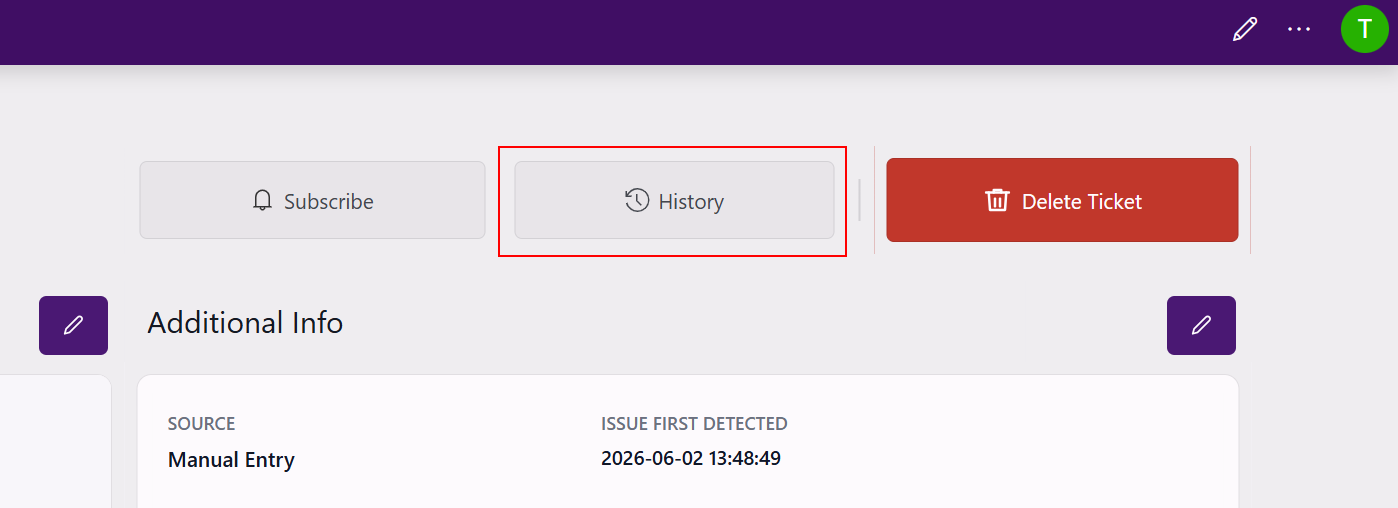 History button on the Ticket Information page