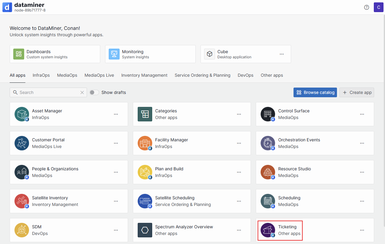 The Ticketing app tile on the DataMiner System landing page