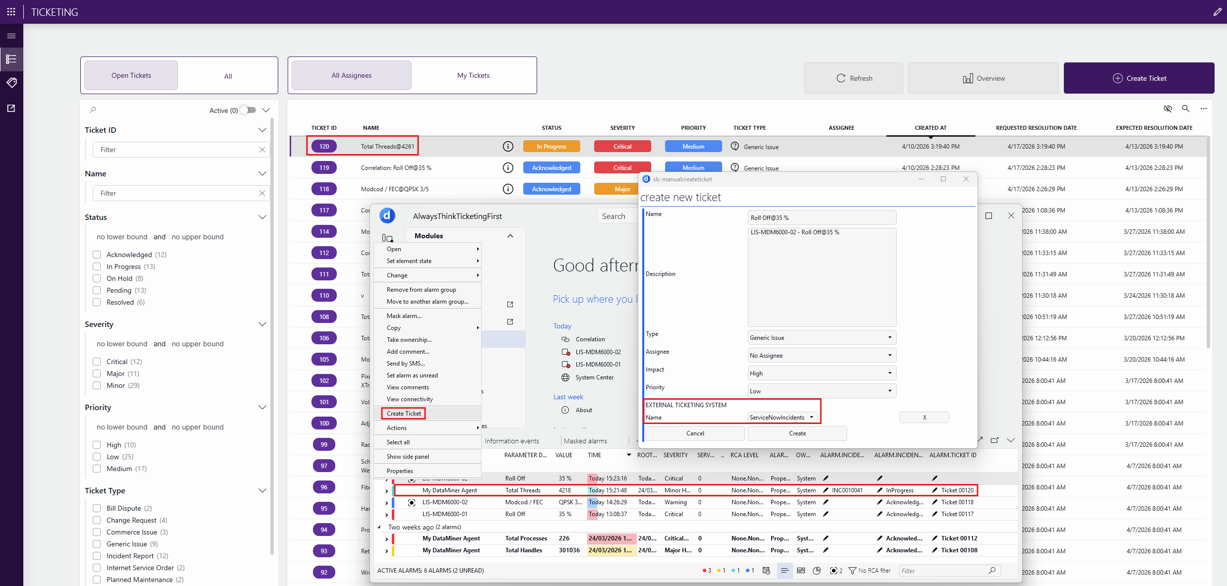 Ticket creation example illustrating the ServiceNow integration