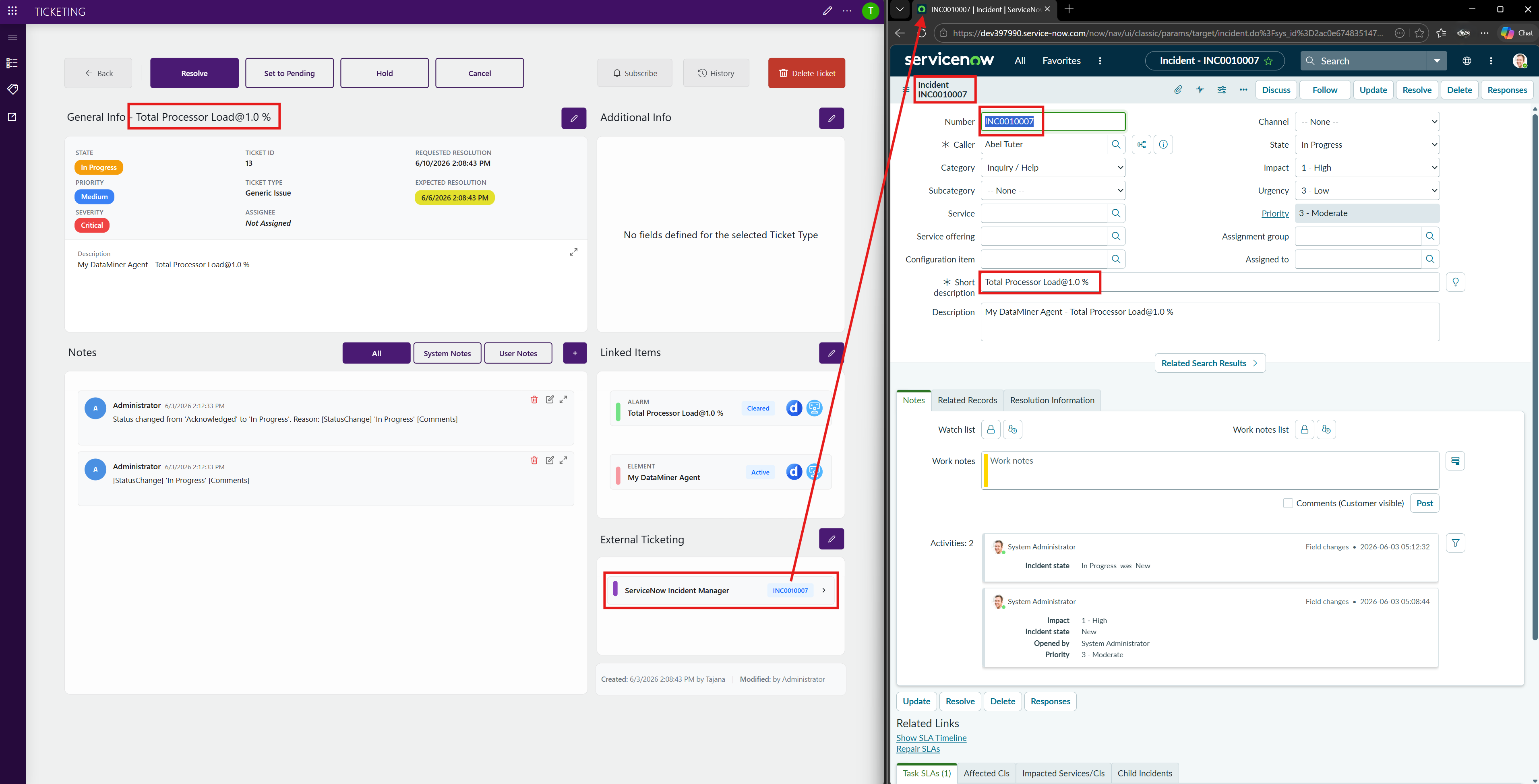 ServiceNow incident link on the information page with the corresponding incident in ServiceNow
