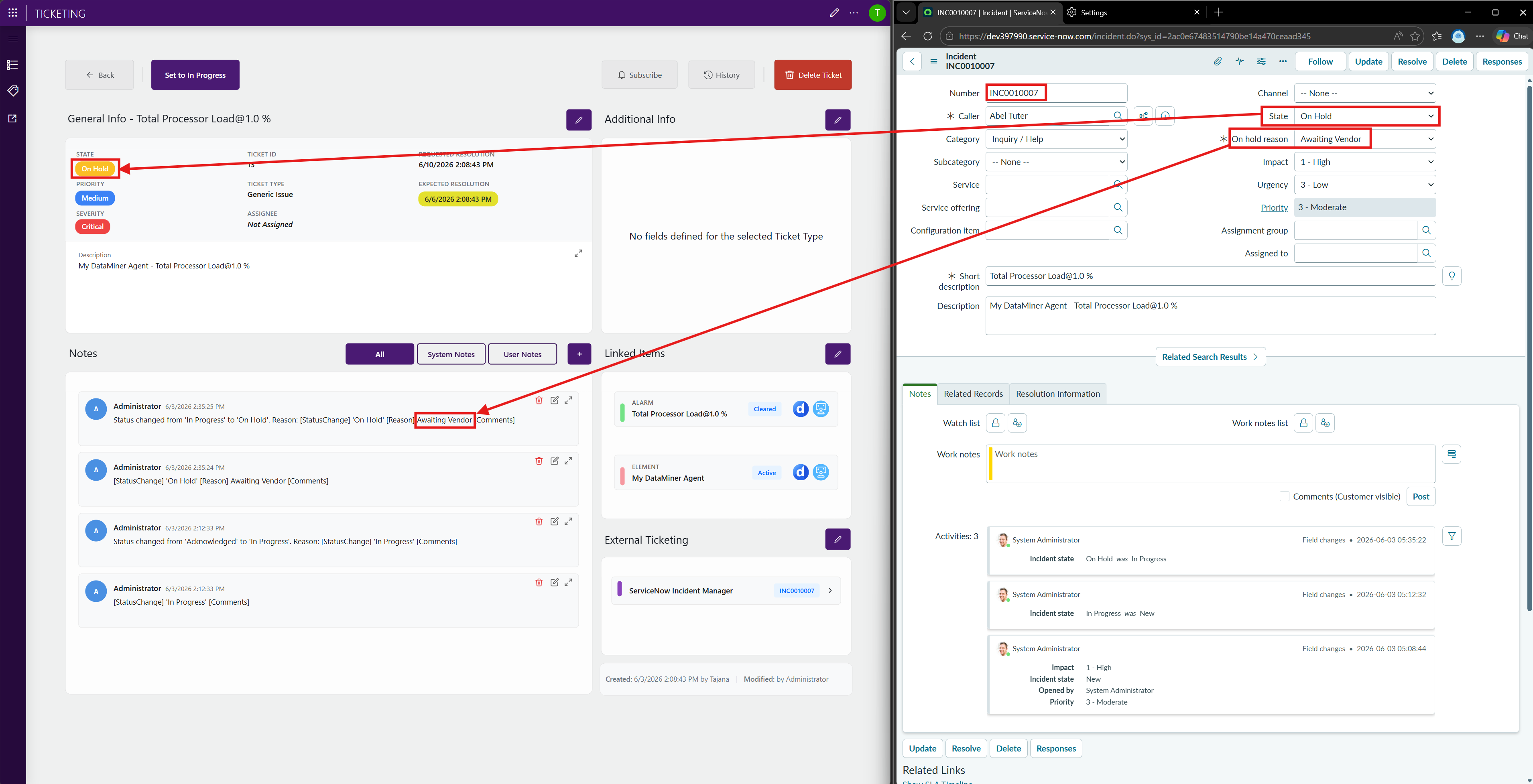 Example of ServiceNow state change reflected in the Ticketing app