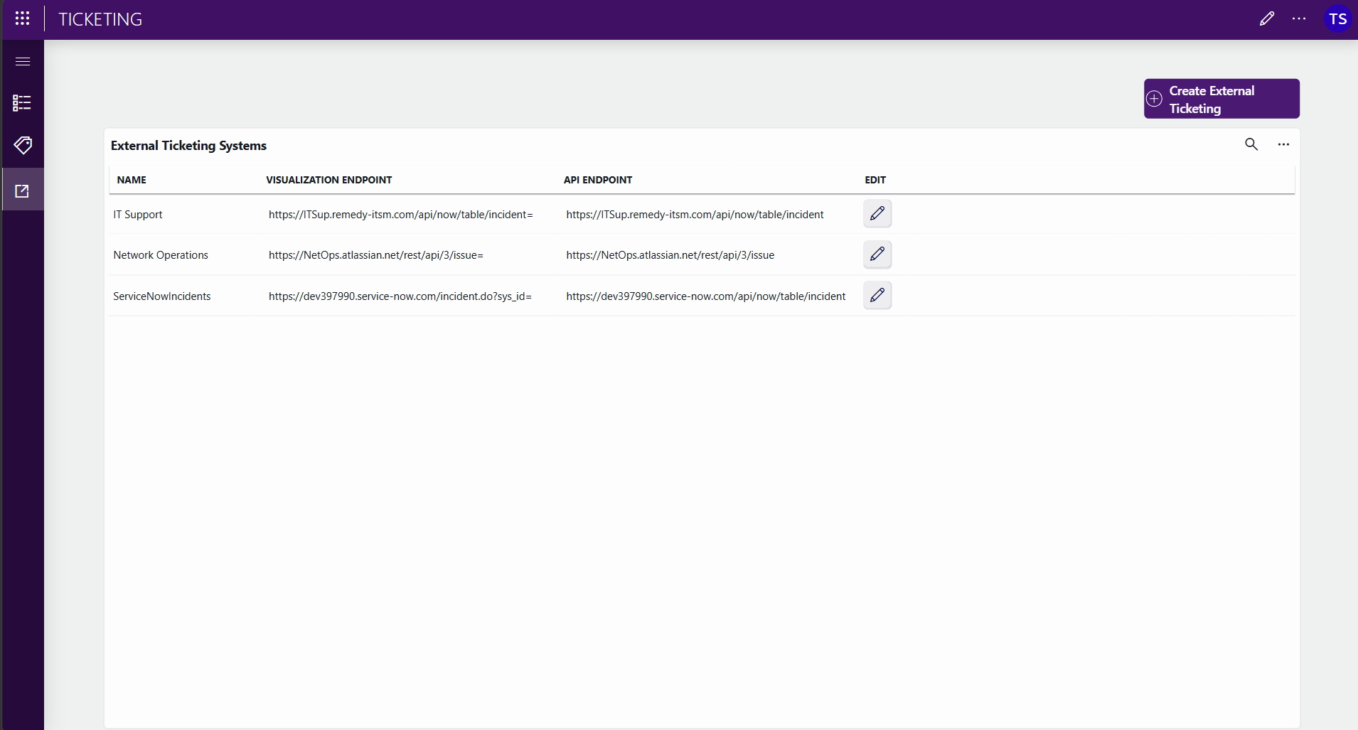 ServiceNow visualization endpoint shown in the Ticketing app